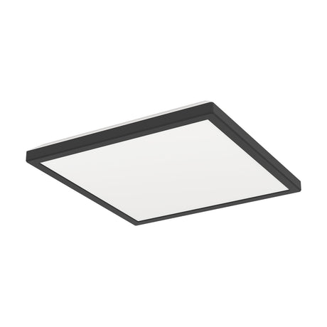 Rovito square LED ceiling panel light, 29 x 29cm, with a black plastic frame and white diffuser, shown at an angle on a plain white background.