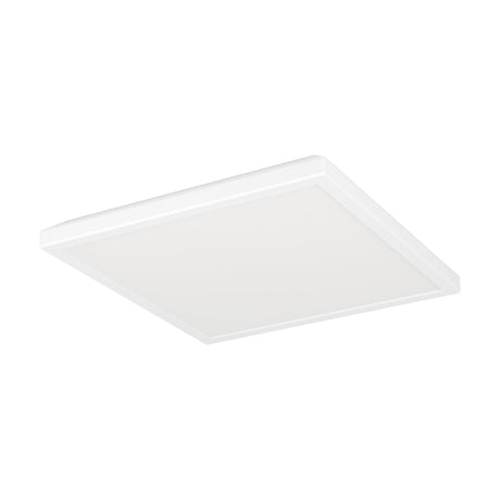 Rovito square LED ceiling panel light, 29 x 29cm, in white plastic with a flat diffuser, shown at an angle on a plain white background.
