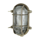 Ruben Small Bulkhead wall light with oval brass cage over clear ribbed glass and four fixing lugs, shown on a plain white background.