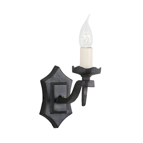 Introducing the Rectory 1 Light Wall Light - Black: a wall-mounted sconce featuring an antique-style design with a black wrought iron fixture. It comes with a candle-shaped bulb that mimics the look of a flickering flame, enhancing its rustic charm and medieval aesthetic.