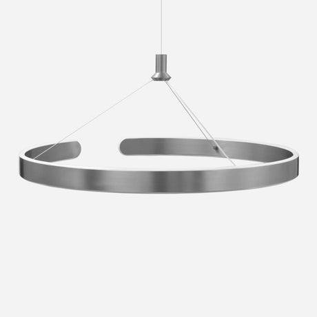 The Aurora LED Suspension Light - Matte Silver is a modern masterpiece, showcasing a circular metal design suspended by three thin wires. Its brushed silver finish and sleek, minimalist aesthetic are set against a plain white background, and it includes a dimmable feature for customized lighting.