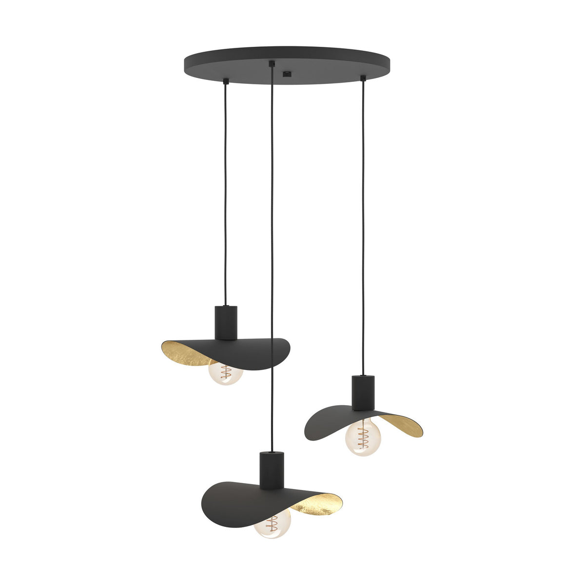 Saceda 3-light pendant in black and gold, round ceiling plate with three cords to wavy hat-shaped shades, matt black outside, gold-leaf inside, E27 bulbs visible.