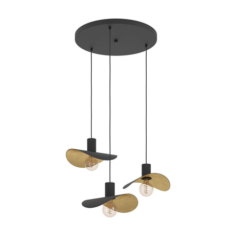 Saceda 3 Light Pendant in black and gold, round ceiling plate with three cords holding wavy hat-shaped shades, matt black outside with crumpled gold-leaf interior, on a plain white background.