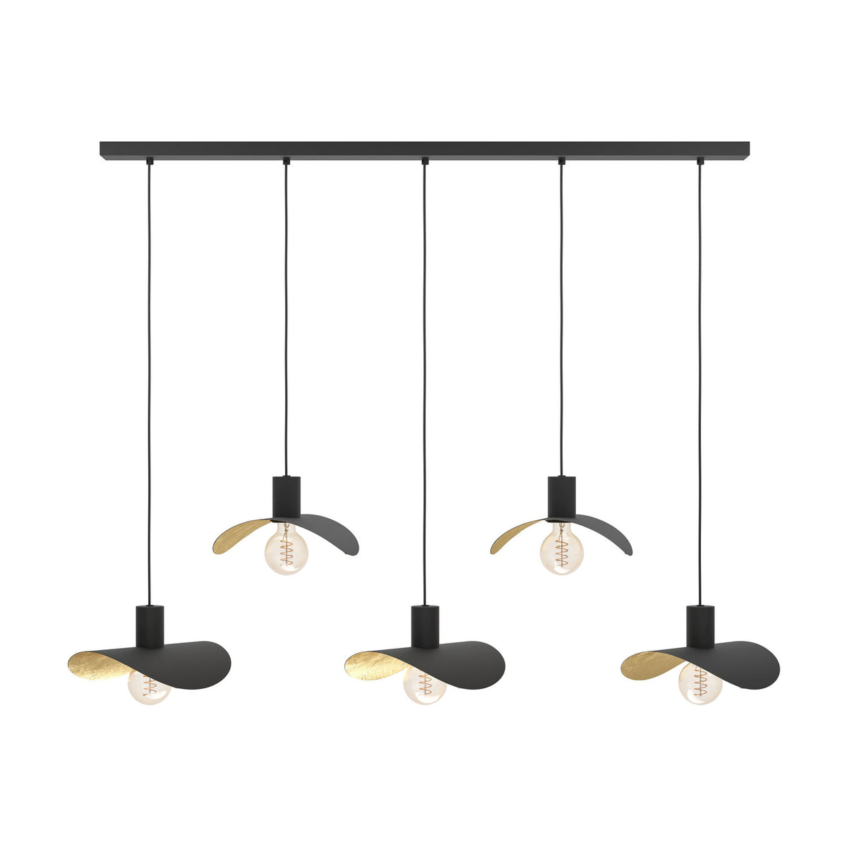 Saceda Linear Pendant Light in black and gold, five hat-shaped steel shades with gold leaf undersides on staggered cords from a black ceiling bar, shown with exposed bulbs on a white background.