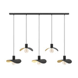 Saceda Linear Pendant Light in black and gold, five hat-shaped steel shades with gold leaf undersides on staggered cords from a black ceiling bar, shown with exposed bulbs on a white background.