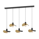 Saceda Linear Pendant Light in black and gold, with five hat-shaped steel shades at staggered heights from a black ceiling bar, shown on a plain white background.