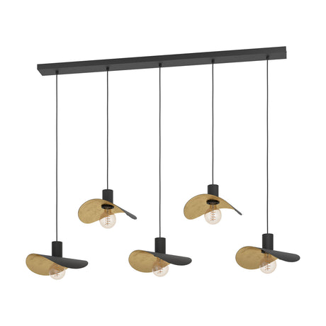 Saceda Linear Pendant Light in black and gold, with five hat-shaped steel shades at staggered heights from a black ceiling bar, shown on a plain white background.