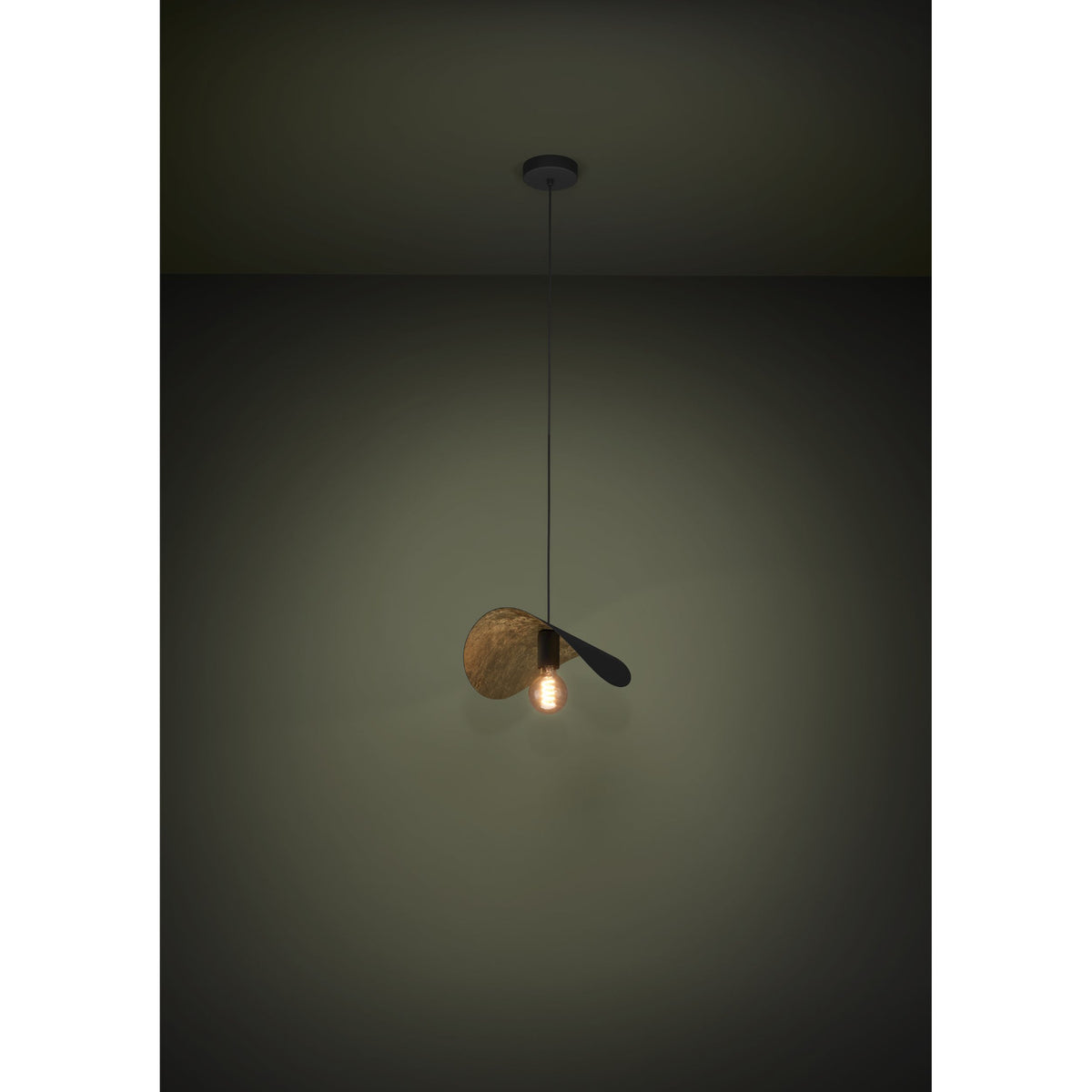 Saceda Pendant Light 41cm in black steel with a gold-leaf lined curved shade, hung from a black ceiling canopy with an exposed E27 bulb, shown in a dim room setting.