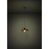 Saceda Pendant Light 41cm in black steel with a gold-leaf lined curved shade, hung from a black ceiling canopy with an exposed E27 bulb, shown in a dim room setting.