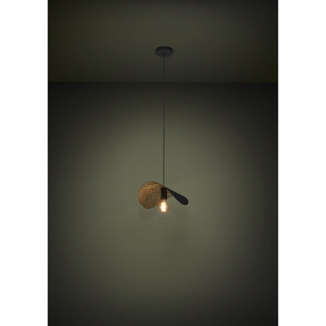 Saceda Pendant Light 41cm in black steel with a gold-leaf lined curved shade, hung from a black ceiling canopy with an exposed E27 bulb, shown in a dim room setting.