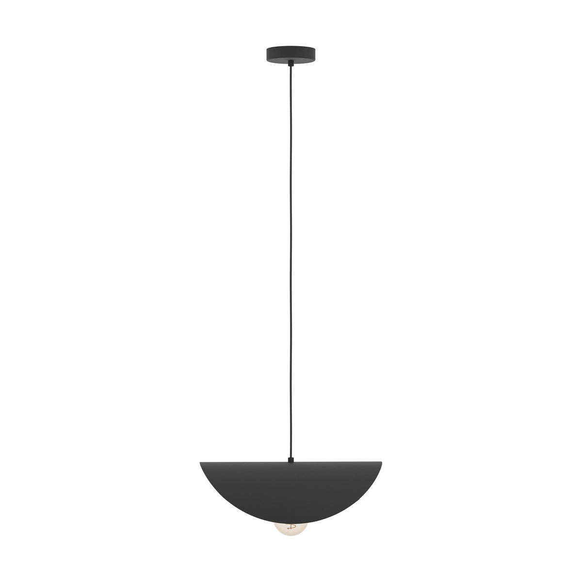 Saceda Pendant Light 41cm in black steel with a curved half-disc shade, gold-lined interior, round ceiling canopy and E27 bulb holder, shown on a white background.