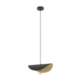 Saceda Pendant Light 41cm in black steel with a curved half-disc shade, gold-leaf interior, black cord and ceiling canopy, exposed E27 bulb, on a plain white background.