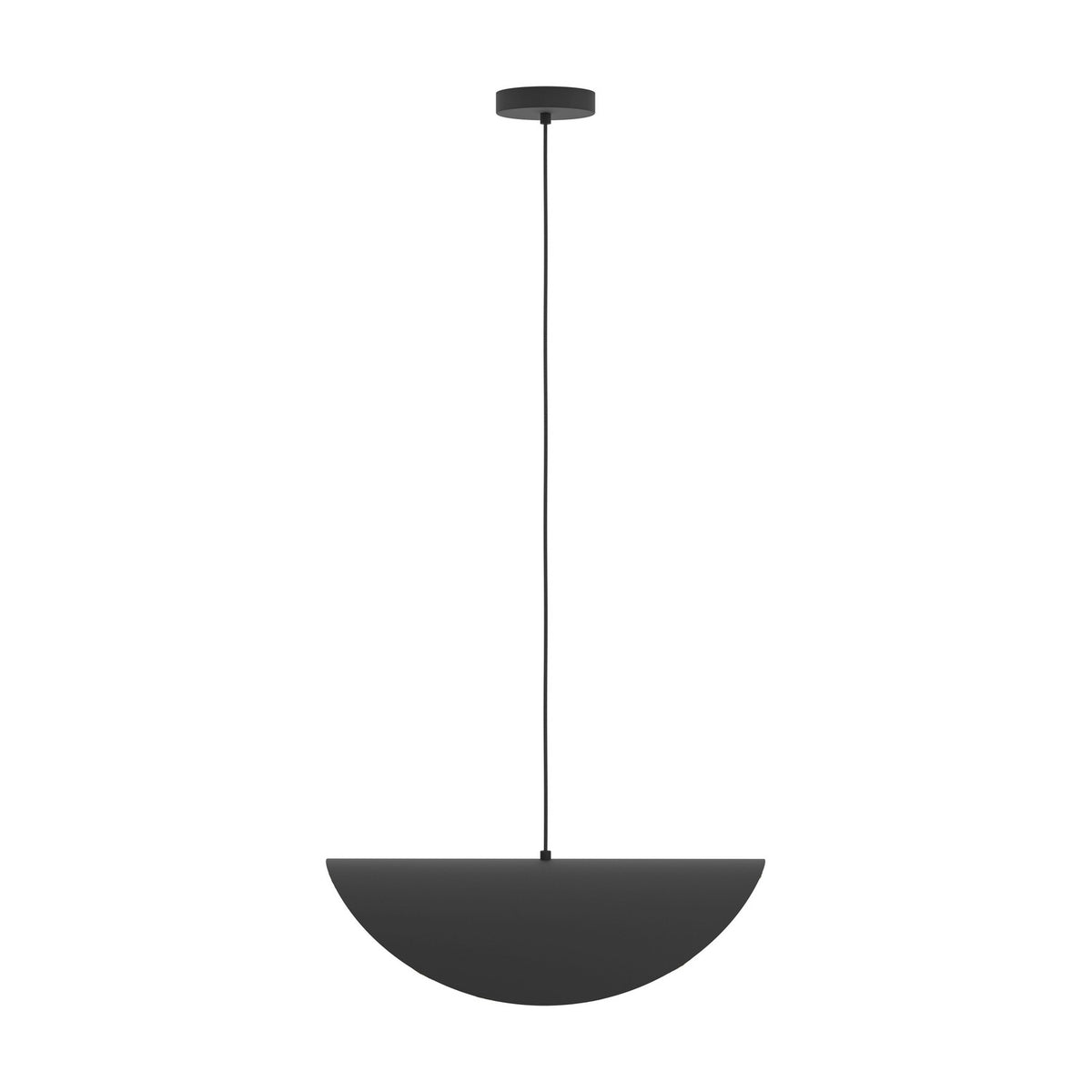 Saceda Pendant Light 53cm in black steel with a curved, hat-like shade, gold interior, suspended on a thin black cord from a round ceiling canopy against a plain white background.