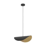 Saceda 53cm pendant light in black and gold with a curved steel disc shade, matt black outside and textured gold inside, black cord, round ceiling mount, on white background.