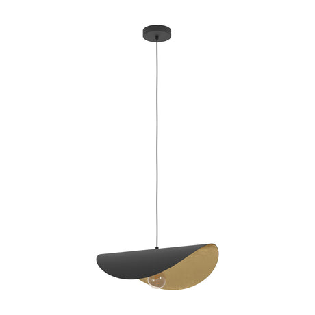 Saceda 53cm pendant light in black and gold with a curved steel disc shade, matt black outside and textured gold inside, black cord, round ceiling mount, on white background.
