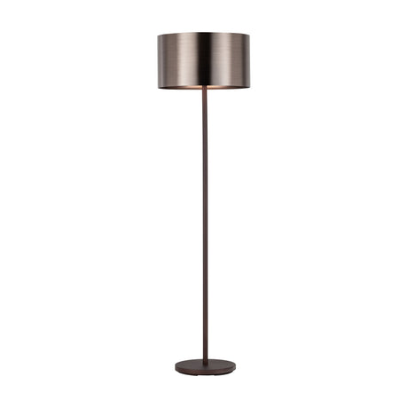 Saganto 1 Floor Lamp with a wide drum shade in brushed brown-copper metallic finish, slim steel stem and round base in deep brown, shown on a plain white background.