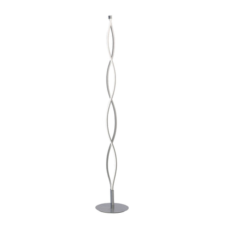 The Sahara LED Floor Lamp 21W 3000K in Silver & Chrome features a tall, twisted double-helix design with a round base, offering sculptural contemporary style and soft ambient lighting.