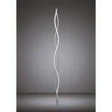 The Sahara LED Floor Lamp 21W 3000K in Silver & Chrome features two intertwined, wavy LED light strips on a round base for stylish ambient lighting, shown against a neutral gray background.