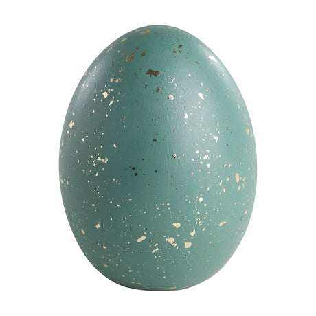 Saidane ceramic decorative egg in a dark green matt finish with scattered gold-coloured flecks, standing upright on a plain white background.