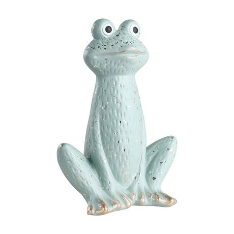 Saidane ceramic frog ornament, seated figurine with upright body, mint green glaze, gold speckles, gold-tipped toes and mouth, painted eyes, on a plain white background.