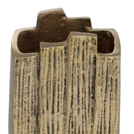 Close-up of the Saivaza Vase in antique brass aluminium, showing ribbed, bark-like vertical texture and an uneven, stepped rim, against a white background.