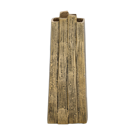 Saivaza Vase, a tall tapering aluminium vase in antique brass, with vertical ribbed, bark-like texture and an uneven stepped rim, set against a plain white background.