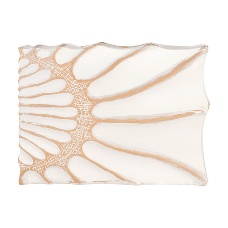 Sakti Vase 20cm in White & Gold, a flat rectangular vase with wavy edges and carved fan-like ribs radiating from a cross-hatched band, gold wash in the grooves, shown on a plain white background.