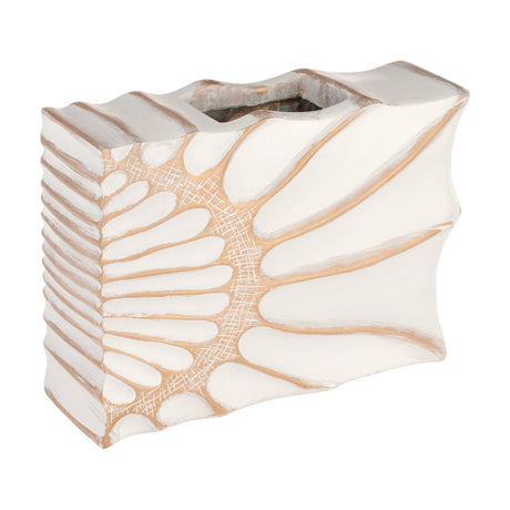 Sakti Vase 20cm in White & Gold, a slim rectangular ceramic vase with rippled edges, carved leaf-like ridges and a cross-hatched band, shown against a plain white background.