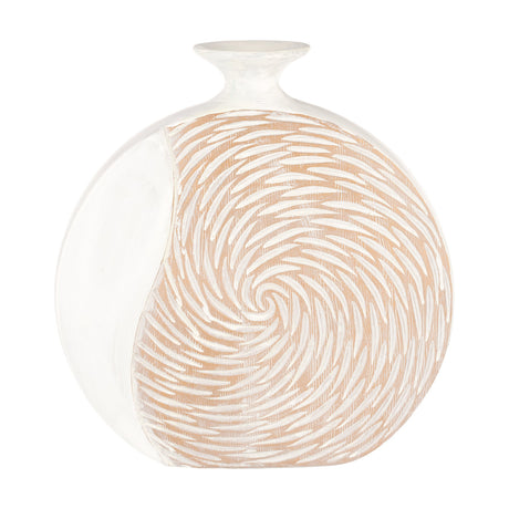 Sakti Vase 31cm, a round flat-bodied vase with a small flared neck, finished in brushed white with a carved golden-tan spiral panel on the front, shown against a plain white background.