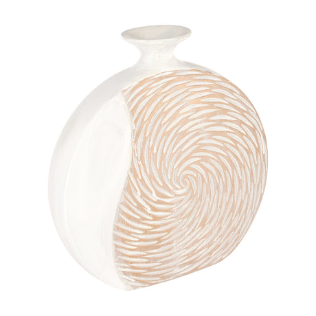 Sakti Vase 31cm in White & Gold, a round flat-bodied vase with a small flared neck, white brushed finish on one side and a carved tan spiral panel on the front, shown on a plain white background.