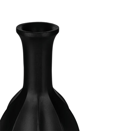 Close-up of the Sakti Vase in black, showing the flared lip, slim neck, and fluted ribbed body, against a plain white background.