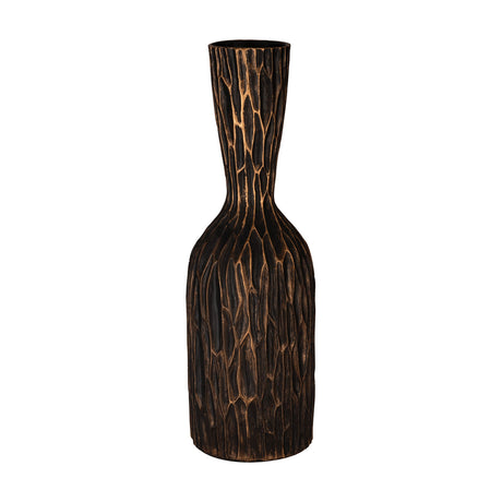 Sakti Vase in black and gold, a tall bottle-shaped vase with carved faceted ridges, rounded shoulder, slim neck, and flared mouth, shown on a plain white background.