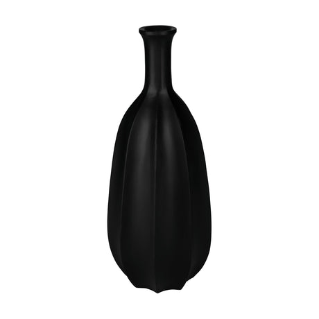 Sakti Vase in black, a tall bottle-shaped floor vase with a slim flared neck and deep vertical ribs tapering to a scalloped foot, shown against a plain white background.