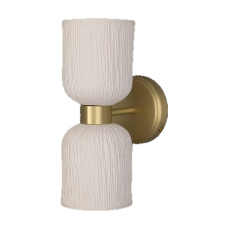 Sakura Ceramic Twin Wall Light in Matt White Striped glaze, two cylindrical shades facing up and down on a brass collar and round wall plate, shown against a plain white background.