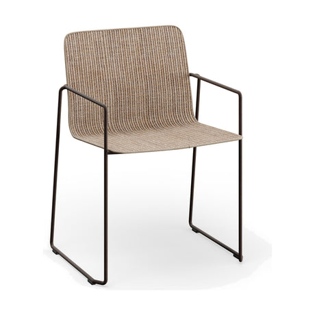 Sal steel stacking garden dining armchair with a sled base frame and a curved woven seat and back in beige sisal-look fabric, shown on a plain white background.