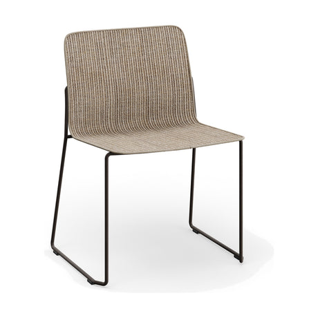 Sal Steel Stacking Garden Dining Chair with a woven sisal-look fabric seat and back shell on a slim sled frame of round steel tube, shown in beige against a plain white background.