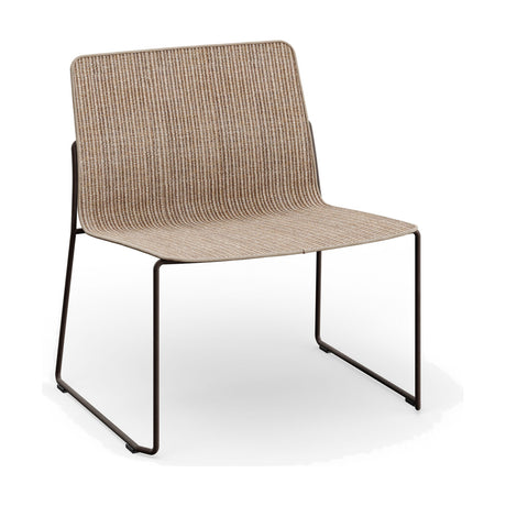 Sal Steel Stacking Garden Lounge Chair with woven sisal-look fabric seat and back on a dark sled-base steel frame, shown on a plain white background.