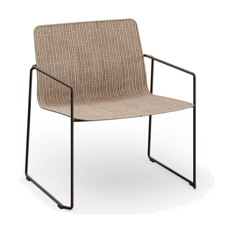 Sal Steel Stacking Garden Lounge Chair with armrests, featuring a slim sled-style steel frame in dark brown and a woven beige-tone fabric seat and back, shown on a plain white background.