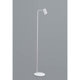 The Sal 1 Light Floor Lamp in matt white features a slim, curved stem, adjustable spotlight head, and round base—perfect for modern interiors and shown here against a plain gray background.