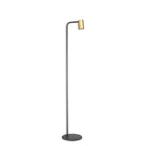 The Sal 1 Light Floor Lamp features a slim matt black stand, a cylindrical satin gold shade, and a round black base, bringing modern elegance to any space.