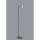 The Sal 1 Light Floor Lamp - Satin Gold & Matt Black features a slim black stand, round base, and a small cylindrical gold shade, shown against a plain gray background and inspired by contemporary design.
