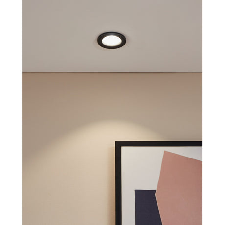Salabate LED Downlight 5W in black, round recessed aluminium fixture shown on a ceiling casting warm light onto a wall beside a framed abstract print.