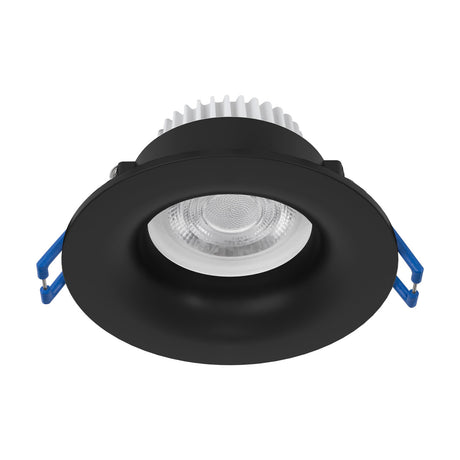 Salabate LED Downlight 5W in black, a round recessed aluminium fixture with deep matt black trim, clear lens, and blue mounting clips, shown on a white background.