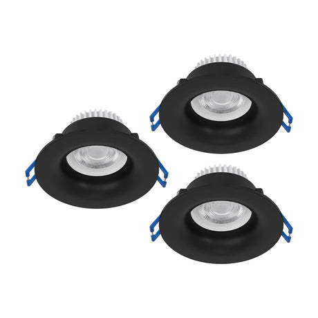 Salabate LED Downlight set of three round recessed fixtures with matt black aluminium trims and integrated lenses, shown with blue spring clips on a white background.