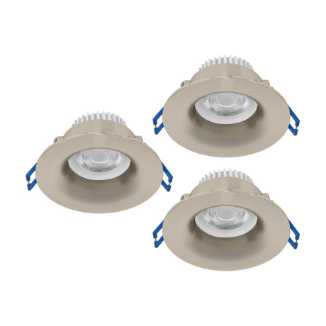Set of three round LED downlights in satin nickel with brushed aluminium bezels and blue spring clips, shown on a plain white background.