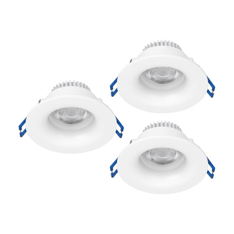 Set of three round white LED downlights with aluminium finned bodies, smooth wide trims, recessed lenses and blue spring clips, shown on a plain white background.
