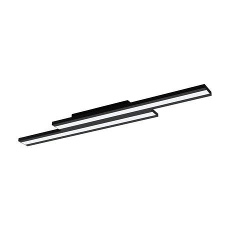 Saliteras smart LED flush ceiling light in black steel with two offset linear bars and white plastic diffusers, shown on a plain white background.