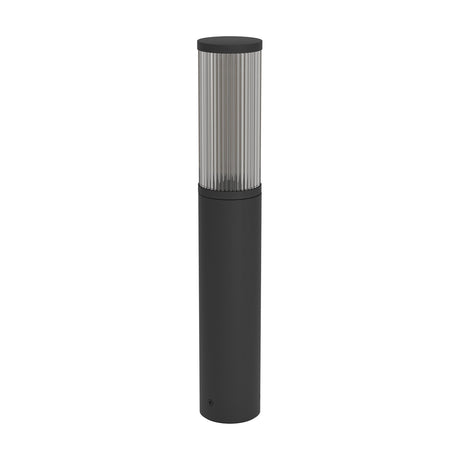 Salle Bollard Light in black, a slim aluminium and plastic cylinder with a ribbed smoked shade and flat round cap, E27 fitting, shown on a plain white background.