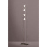 The Salomon 4 Light Floor Lamp in Satin Nickel features a minimalist design with two vertical metal bars, three square lampshades arranged vertically, directional lighting, and stands on a rectangular base.