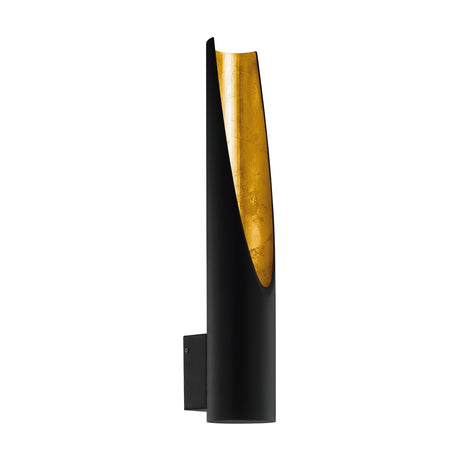 San Cono Wall Light 11cm in black and gold, a slim steel cylinder cut at an angle revealing a crinkled gold leaf interior, shown on a plain white background.